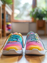 Colorful sneakers on a wooden floor indoors with blurred background.