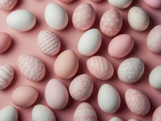 Soft pink backdrop adorned with pink and white Easter egg patterns