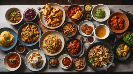 A table laden with a variety of dishes, including a roasted chicken, vegetables, and rolls