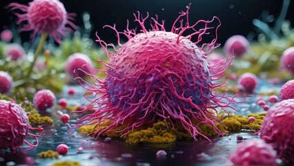 Obraz premium Microscopic view of a pink cancer cell.
