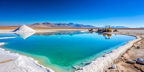 Vibrant white salt lake in South America's Atacama Desert reflects the blue horizon, surrounded by lithium mining equipment and machinery amidst a barren landscape.