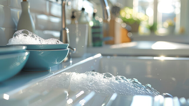 Kitchen sink with soapy water and bubbles in a sunlit kitchen