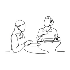 One continuous line drawing of family dining activities vector illustration. Family meal activity themes design illustration simple linear style vector concept. food and drinks are on the dining table