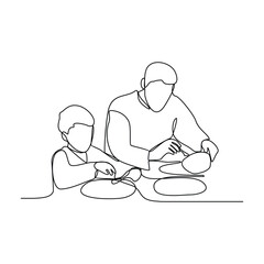 One continuous line drawing of family dining activities vector illustration. Family meal activity themes design illustration simple linear style vector concept. food and drinks are on the dining table