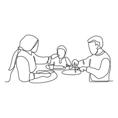 One continuous line drawing of family dining activities vector illustration. Family meal activity themes design illustration simple linear style vector concept. food and drinks are on the dining table