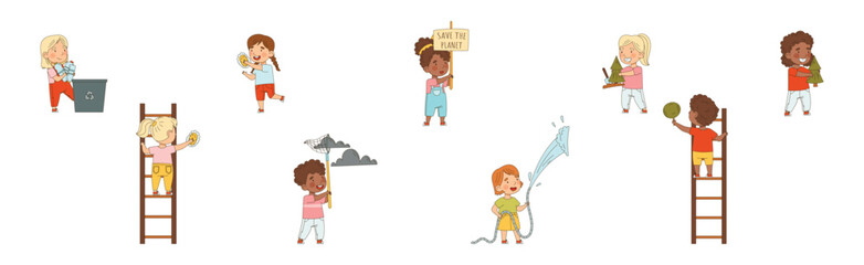 Naklejka premium Kid Characters Saving Nature and Planet Vector Set