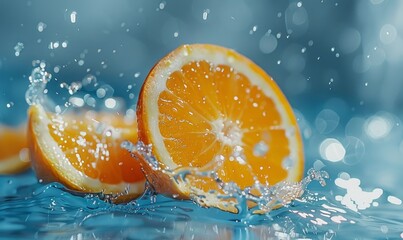 extreamly close up Fresh orange slices splashing in clear water with blue color light glow background fresh organic slices of orange splashing into a pool of clean clear refreshing water