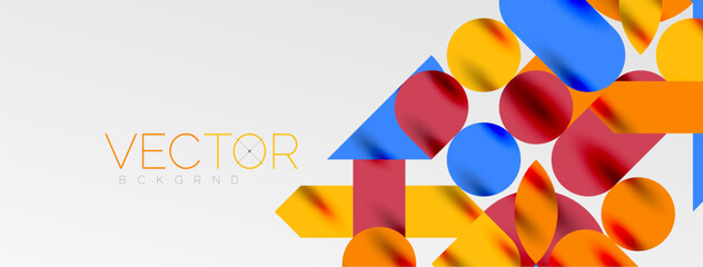 Mosaic geometric elements. Colorful circles, round geometric shapes and lines with shadow 3d effects. Simple forms abstract background for wallpaper, banner, template or landing