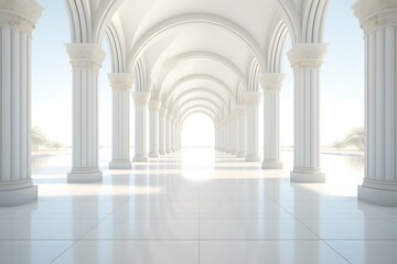 White corridor with arches and columns, 3d render illustration.