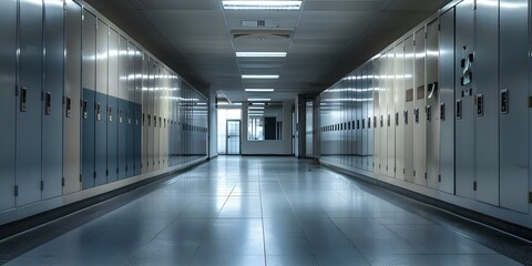 Fototapeta premium Dimly Lit Hallway with Lockers and Bright Light at End. Concept Abandoned School, Mysterious Hallway, Locker Shadows, Bright Exit, Creepy Atmosphere