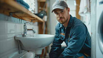 Skilled plumber in uniform and cap fixes pipes under the sink in a modern, well-lit bathroom, showing expertise in home maintenance.

