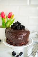  cake drenched in chocolate and garnished with blackberries