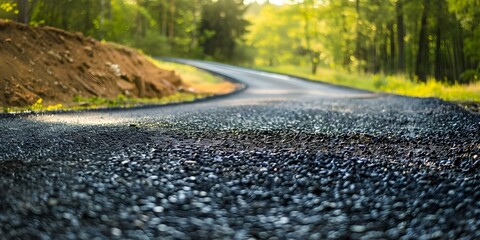 Picturesque view of a newly constructed rural asphalt road with gravel shoulder ditch. Concept Rural Roads, Road Construction, Gravel Ditch, Asphalt Shoulder, Scenic Views