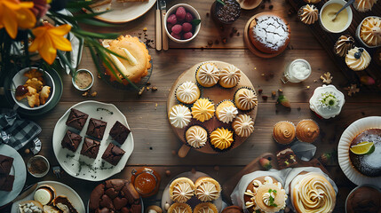 Dessert healthy food cake, chocolate, fruit, vegetable, seeds, superfood, cereal, leaf, milk, strawberry, apple on illustration background.