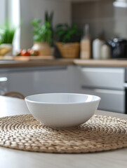 Fototapeta premium White bowl on woven placemat in a modern kitchen.
