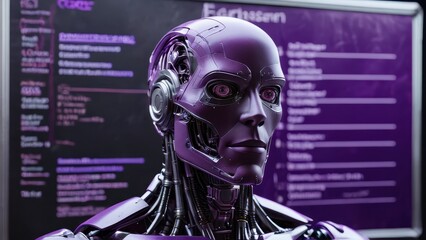 AI Robot Head Close Up with Purple Skin.