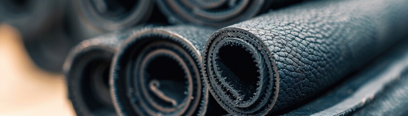 Close-up of rolled black leather textures, showcasing rich detail and quality craftsmanship. Ideal for fashion, upholstery, and design projects.