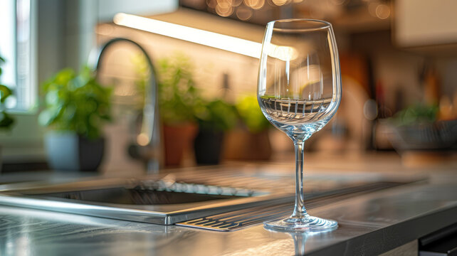 Empty wine glass on modern kitchen countertop with sink