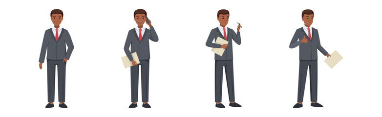Office Man Character in Suit and Red Tie in Different Pose Vector Set