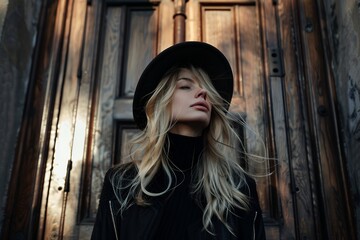 Fototapeta premium A blonde woman in black stands against the background of an old wooden door, the sun's rays fall on her face, the wind blows her hair and hat. Minimalism, fashion photography, high detail, photorealis