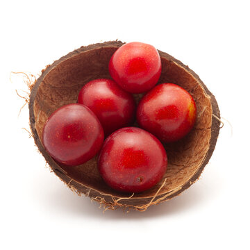 Front view of fresh Cherry Plum (Prunus cerasifera) fruits in a coconut shell on a white background.