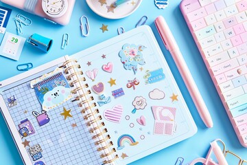 Flat lay of a blue and pink notebook with stickers, pen, and other stationery.