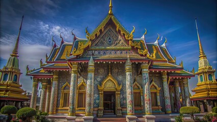 Naklejka premium Ornate and colorful temple in Thailand , Buddhism, architecture, religious, traditional, Thai, culture, tourism, travel