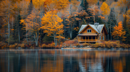Fototapeta premium A delightful log cabin perched beside a tranquil lake, surrounded by dense forest and vivid autumn colors. The still lake surface reflects the colorful leaves and the cabin itself, providing a serene 