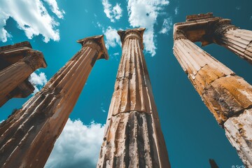 Photo of Ancient Greek columns against the blue sky in coast, classical architecture concept, A secret temple to sculpture and art is hidden behind these ancient pillars inboard a place called "Sicily
