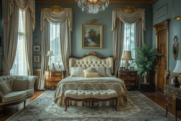 Hotel Room With Vintage Elegance: Antique furniture, rich fabrics, and classic decor elements like chandeliers