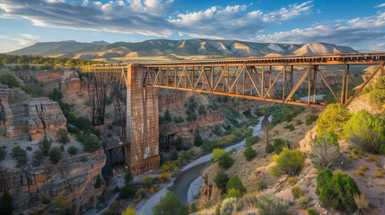 Obraz premium Scenic railway bridge over a canyon, with a river flowing below.