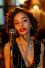 Woman from the 1940s-50s singing on stage. AI generative.