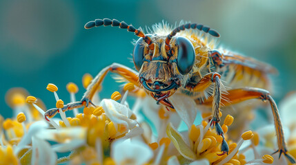 A close-up portrait of a vibrant, multi-colored insect perched delicately on a delicate white flower, its multifaceted eye capturing the beauty of springtime blooms