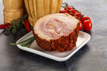 Tasty and fat smoked pork belly