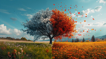 Photography split between spring and autumn landscapes, showcasing blooming flowers and colorful leaves to highlight seasonal transitions.

