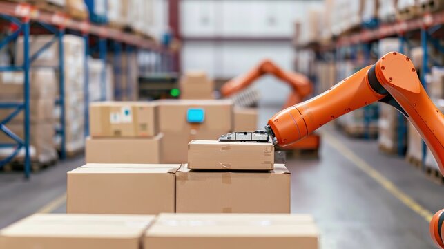 Automated robots arm in a warehouse sorting and moving packages along the aisles for efficient distribution.