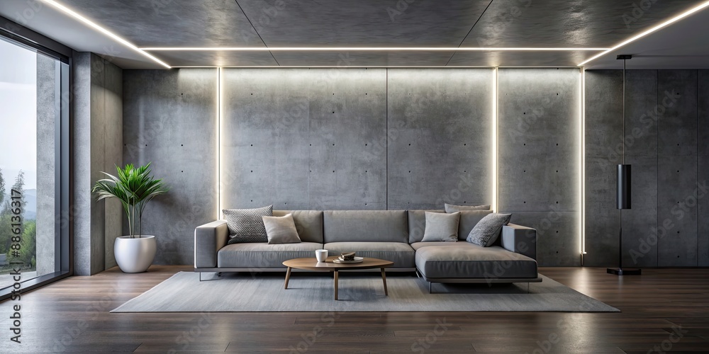 Sticker Simple luxury grey concrete living room with neon light, minimal style, luxury wallpaper , grey, concrete, living room