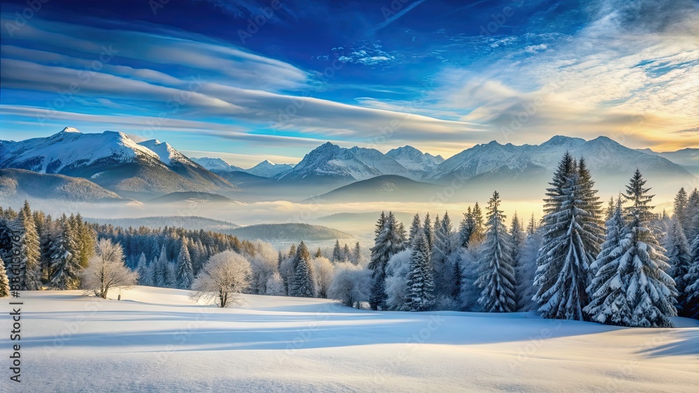 Poster Snow-covered landscape with trees, mountains, and sky in background, Winter, Scenic, Cold, Nature, White, Frozen, Weather, Mountain