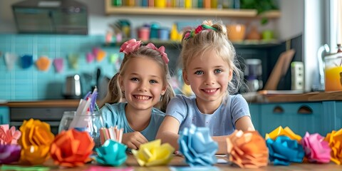 Fototapeta premium Cheerful Children Engaging in Handmade Crafts at Kitchen Table with Vibrant Colors