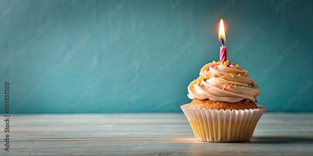 Canvas Prints Delicious cupcake with a lit candle on top , celebration, dessert, birthday, sweet, treat, party, bakery, candlelight, colorful