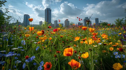 A lush urban green space filled with vibrant wildflowers, highlighting biodiversity amidst the concrete jungle of a busy city center