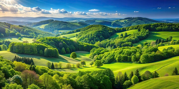 Nature landscape background with lush green forests, rolling hills, and a clear blue sky , nature, landscape, background, trees