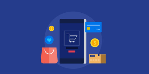 Ecommerce mobile application, online shopping from smartphone with digital payment technology, vector illustration.