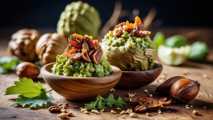 Green rice with dates and pecans in wooden bowls.