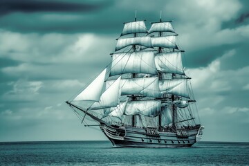 A pirate ship sailing on the ocean with sails billowing in the wind. It is set against the background of a blue sky and turquoise sea waves. A vintage ship concept.