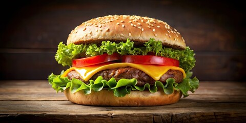 Delicious hamburger with lettuce, tomato, cheese, and a juicy patty on a sesame seed bun, burger, fast food, sandwich