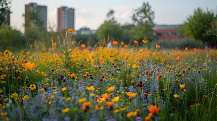 A flourishing green space in the city center, filled with vibrant wildflowers showcasing urban biodiversity