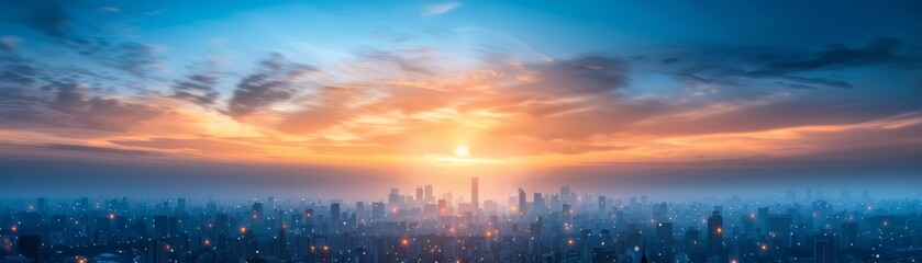 Vibrant Cityscape at Sunrise with Dramatic Sky