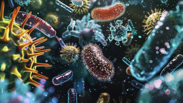 Medical health concept. Molecules virus cell. Bacteriophage and Viruses. Microscopic Bacteria. Science microbes. Medical background. Close-up view.