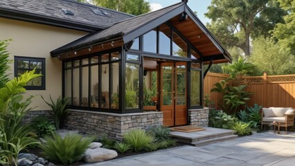 Fototapeta premium Modern Glass Sunroom Addition to Home.